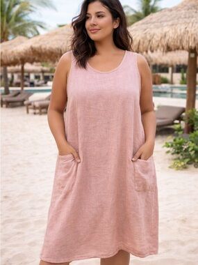 Liabella Italy 100% Linen Dress Oro Blush Sleeveless Pockets NWT Relaxed L/XL